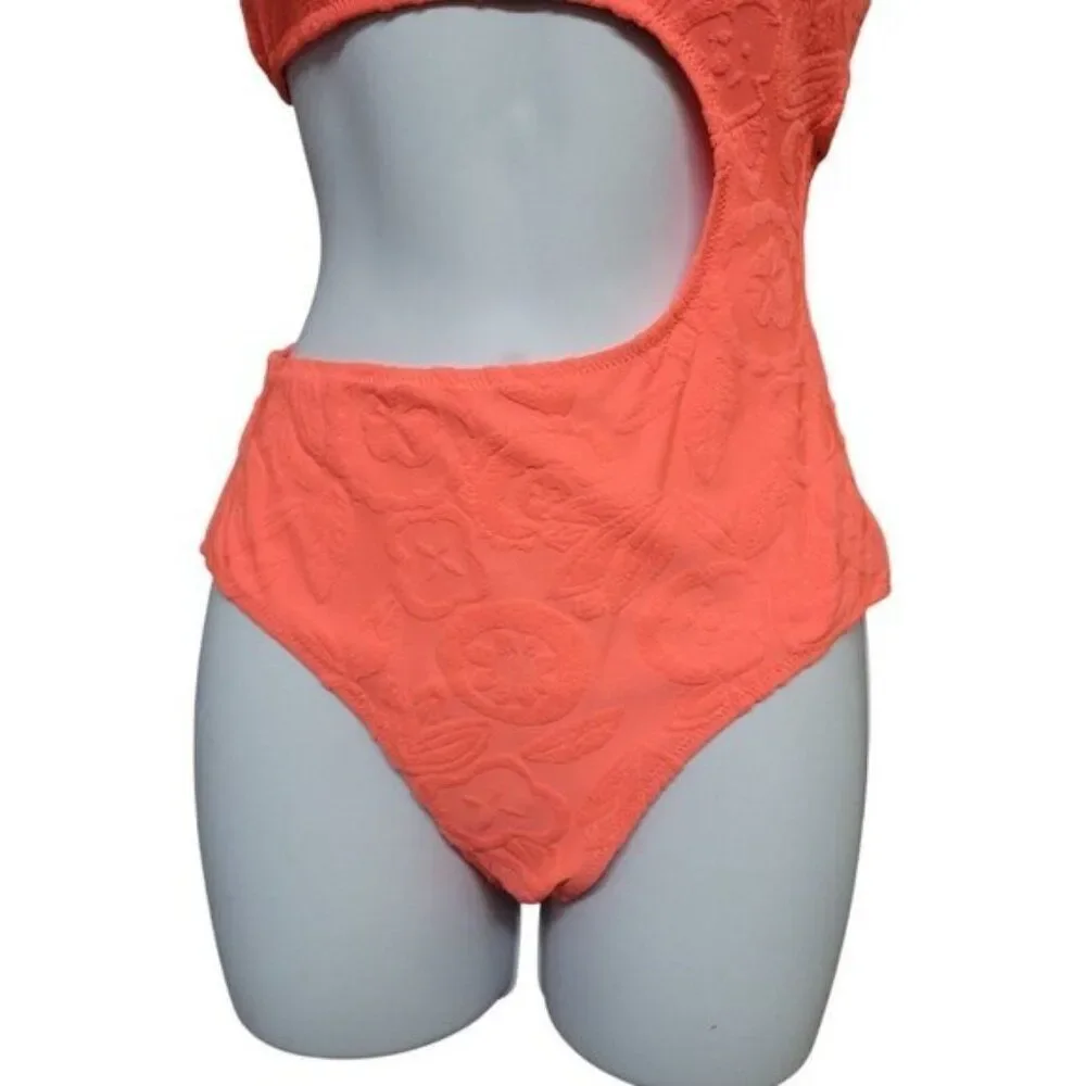 Aerie Terry Cut Out Strapless Neon‎ Orange One Piece Swimsuit S